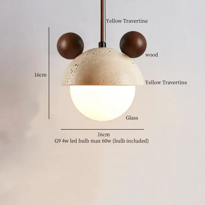 Decorbites led pendant lights with beige travertine dome, dark wood ears, and frosted glass globe for bedroom lighting