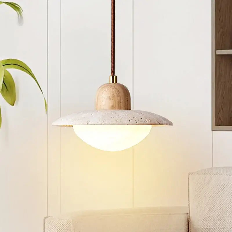 Decorbites led pendant lights with warm yellow travertine concrete shade and natural wood top for bedroom and dining room
