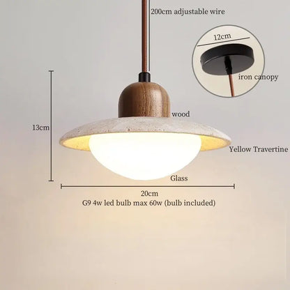 Decorbites led pendant light with warm wood top yellow travertine shade and iron canopy for bedroom and dining room