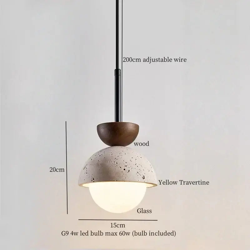 A DecorBites led pendant light with matte white speckled concrete dome, brown wood cap, and glass diffuser for dining room