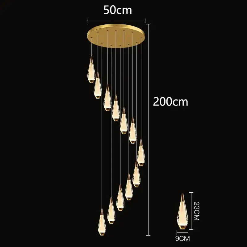 Decorbites led pendant staircase chandelier with golden circular fixture and 12 cascading crystal pendants for living room