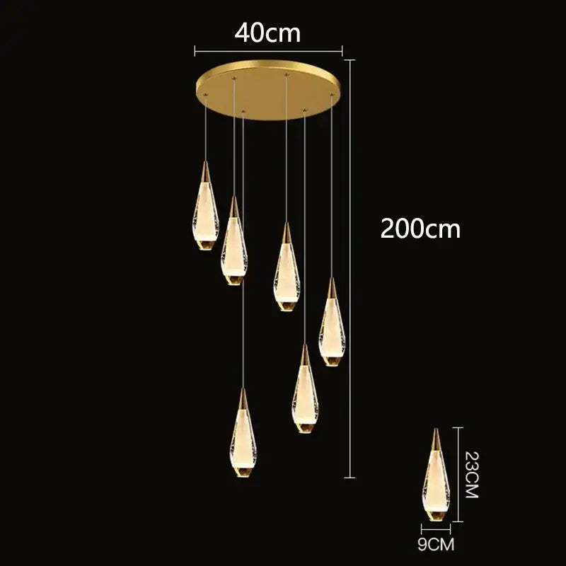 Gold-toned decorbites led pendant with five teardrop crystal pendants for modern led pendant staircase lighting