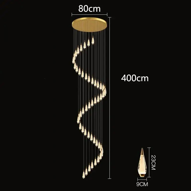Gold-toned decorbites led pendant staircase chandelier with cascading teardrop crystal pendants for indoor living room lighting