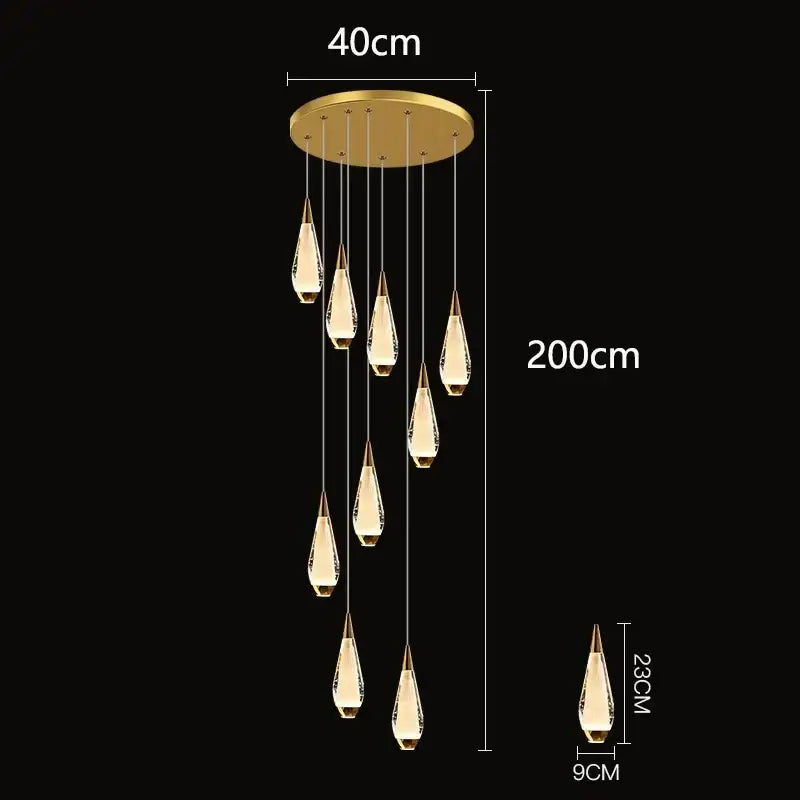 Gold-toned decorbites led pendant with nine crystal teardrop pendants for modern indoor staircase lighting