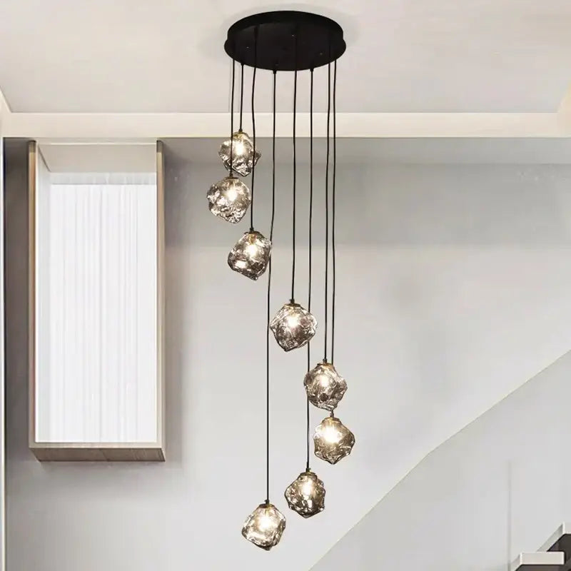 Modern black circular ceiling fixture with seven faceted glass globe pendants for decorbites led pendant staircase lighting