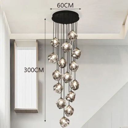 A modern black decorbites led pendant light with 15 faceted silver glass globes for staircase indoor lighting