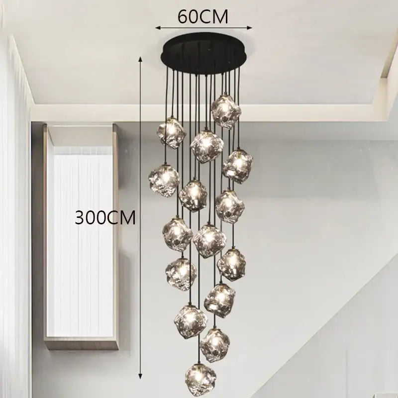 A modern black decorbites led pendant light with 15 faceted silver glass globes for staircase indoor lighting