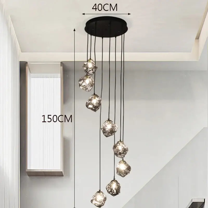 Modern black circular DecorBites LED pendant light with seven faceted crystal globes for LED pendant staircase lighting