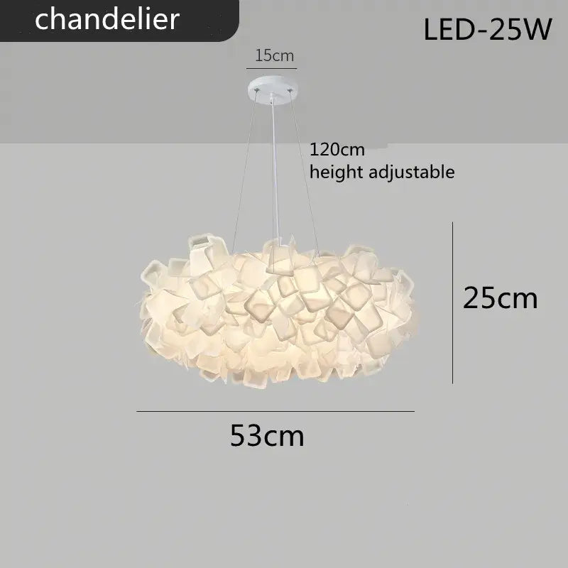 A modern off-white decorbites led petal ceiling chandelier with translucent geometric pieces for living room lighting