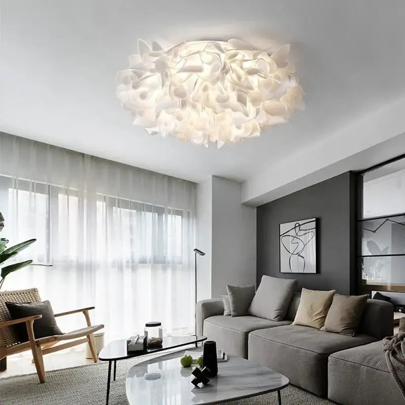 White sculptural decorbites led petal ceiling chandelier with layered fabric petals for living room and bedroom lighting