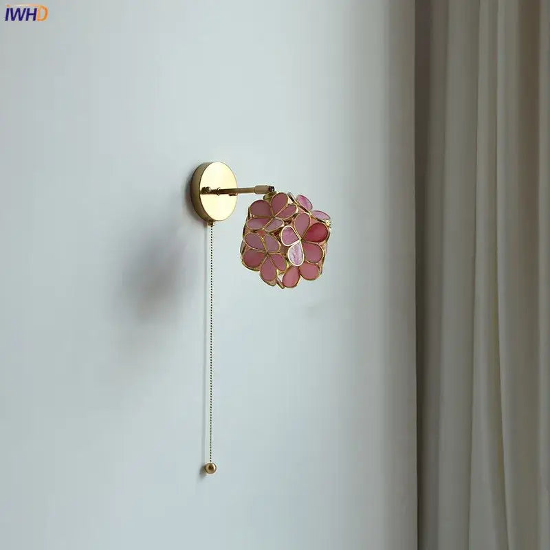 Decorbites led petal wall sconce with delicate pink cherry blossom design gold-toned metal frame and pull chain switch