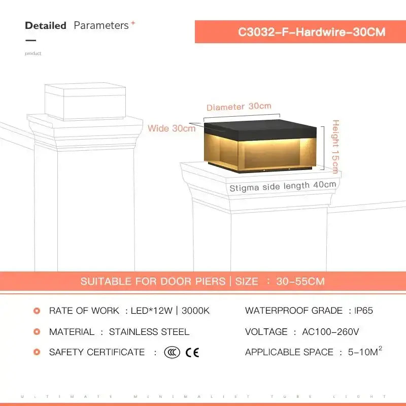 Gold-finished decorbites led pillar outdoor light with black top and stainless steel waterproof street fence cap