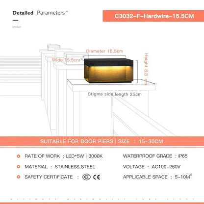 Black stainless steel decorbites led pillar top courtyard light with rectangular design and warm 3000k illumination