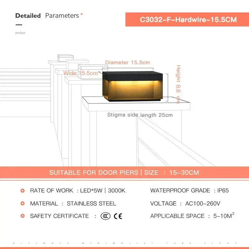 Black stainless steel decorbites led pillar top courtyard light with rectangular design and warm 3000k illumination