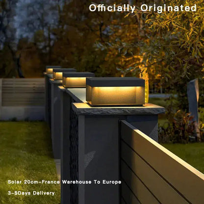 Modern black rectangular decorbites led pillar top courtyard light with warm yellow illumination for outdoor pathways
