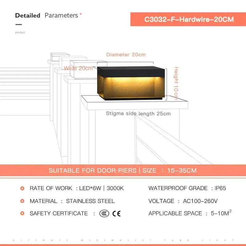 Black rectangular led pillar light with warm yellow glow made of stainless steel by DecorBites waterproof outdoor use
