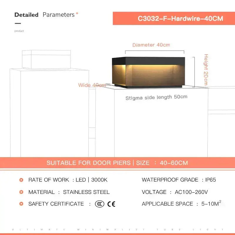 DecorBites LED pillar outdoor light with black stainless steel frame 40cm diameter warm amber glow