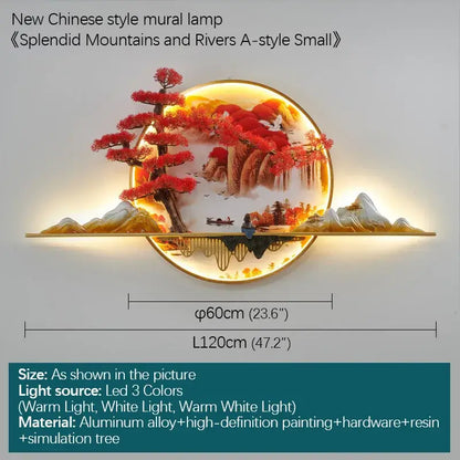 Decorbites led pine circular wall light with red tree pine landscape on aluminum alloy base for home decor