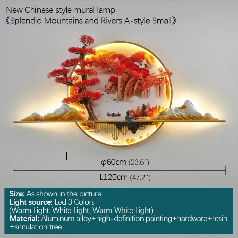 Decorbites led pine circular wall light with red tree pine landscape on aluminum alloy base for home decor