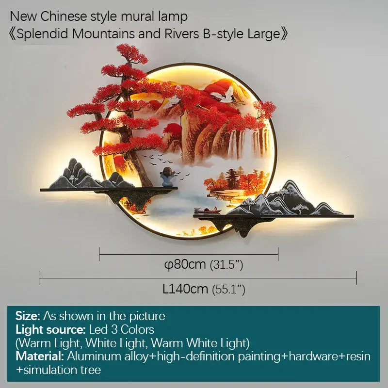 Decorbites led pine circular mural lamp with painted red trees mountains and waterfalls illuminated by warm led light