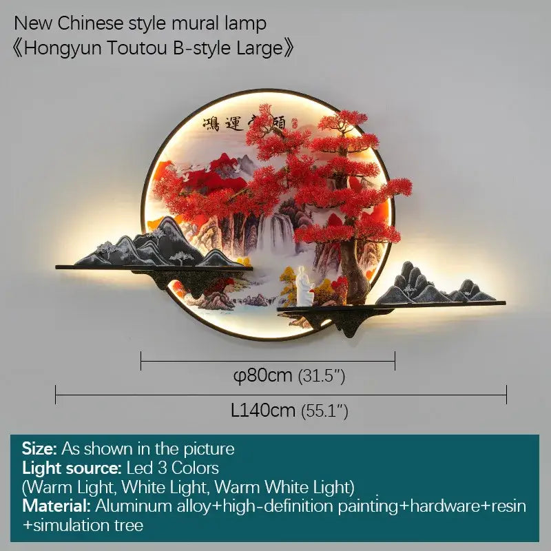 Circular decorbites led pine landscape wall light featuring vibrant red tree misty mountains on aluminum alloy frame