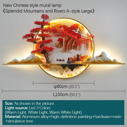 Decorbites led pine circular mural lamp with painted red trees mountains and waterfalls illuminated warm light