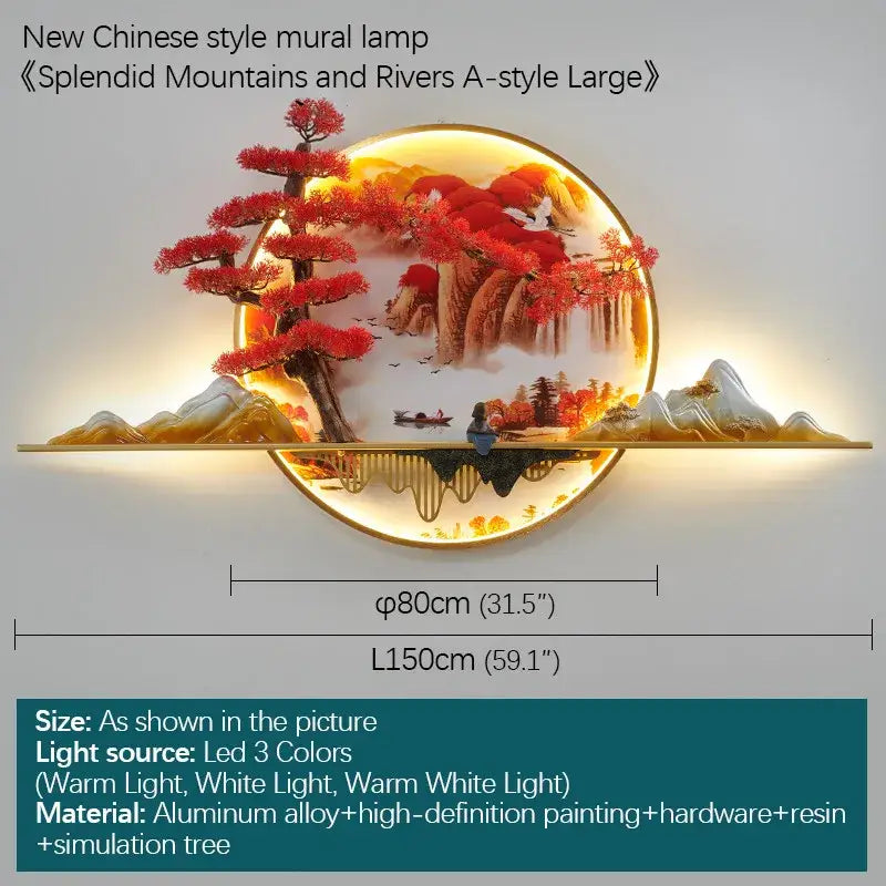 Decorbites led pine circular mural lamp with painted red trees mountains and waterfalls illuminated warm light
