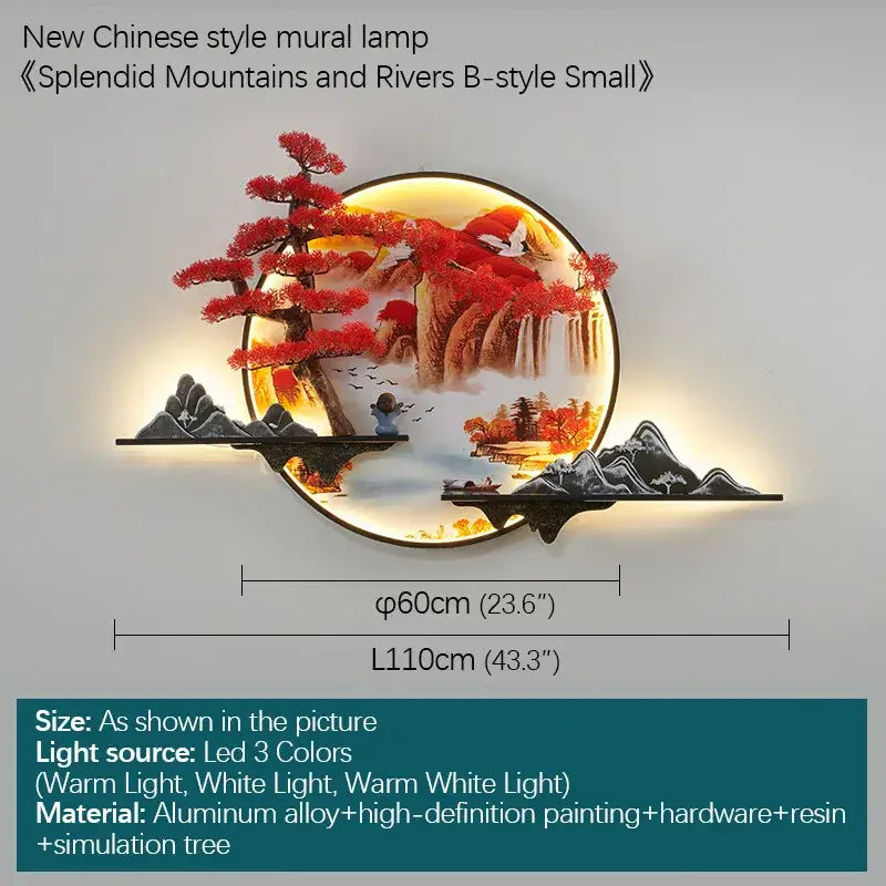 Circular decorbites led pine landscape wall lamp with painted red trees mountains and waterfalls illuminated by warm light