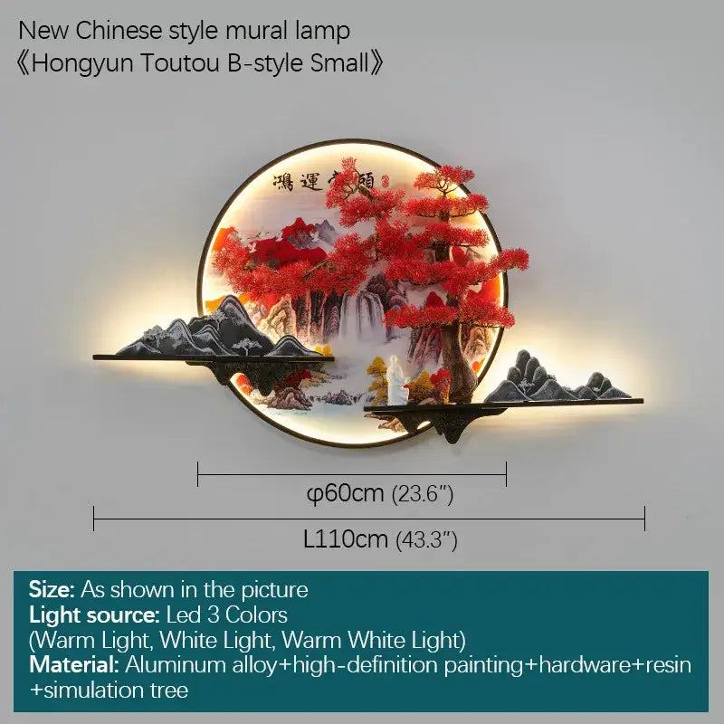 Circular decorbites led pine landscape wall light featuring a vibrant red tree mountainous scenery and calligraphy