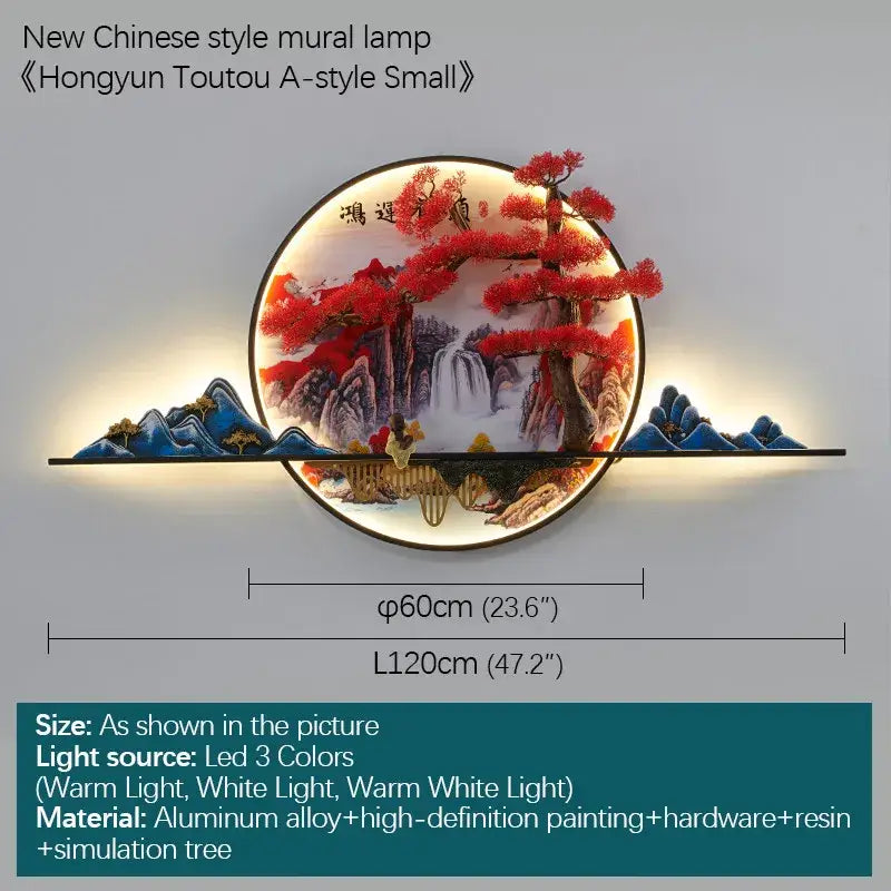 Circular decorbites led pine landscape wall light featuring a red tree waterfall scene with blue mountains in aluminum alloy and resin