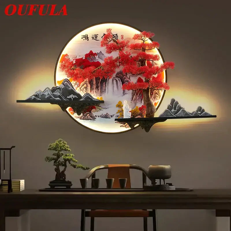 Decorbites led pine circular illuminated wall art with vibrant red tree and mountain pine landscape wall design