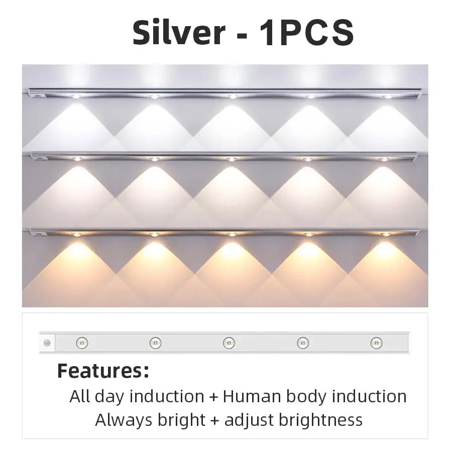 Silver DecorBites™ LED PIR motion sensor cabinet light with adjustable brightness and wireless rechargeable features