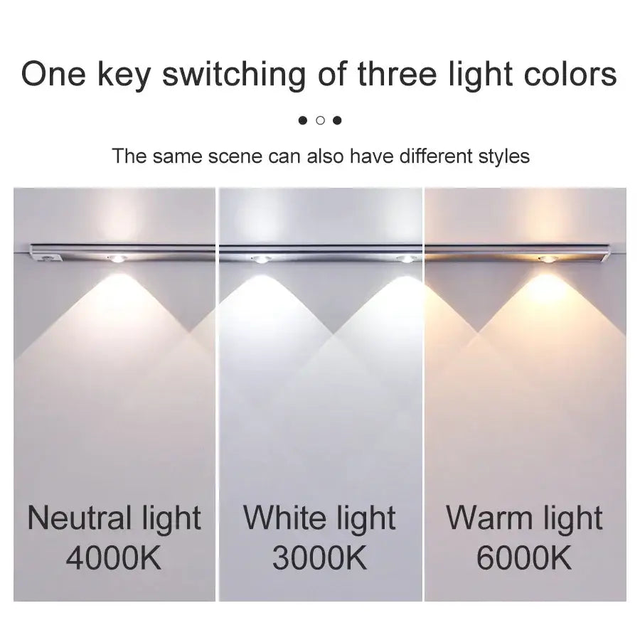 A sleek metallic decorbites led pir motion sensor cabinet light with three adjustable color settings and wireless rechargeability