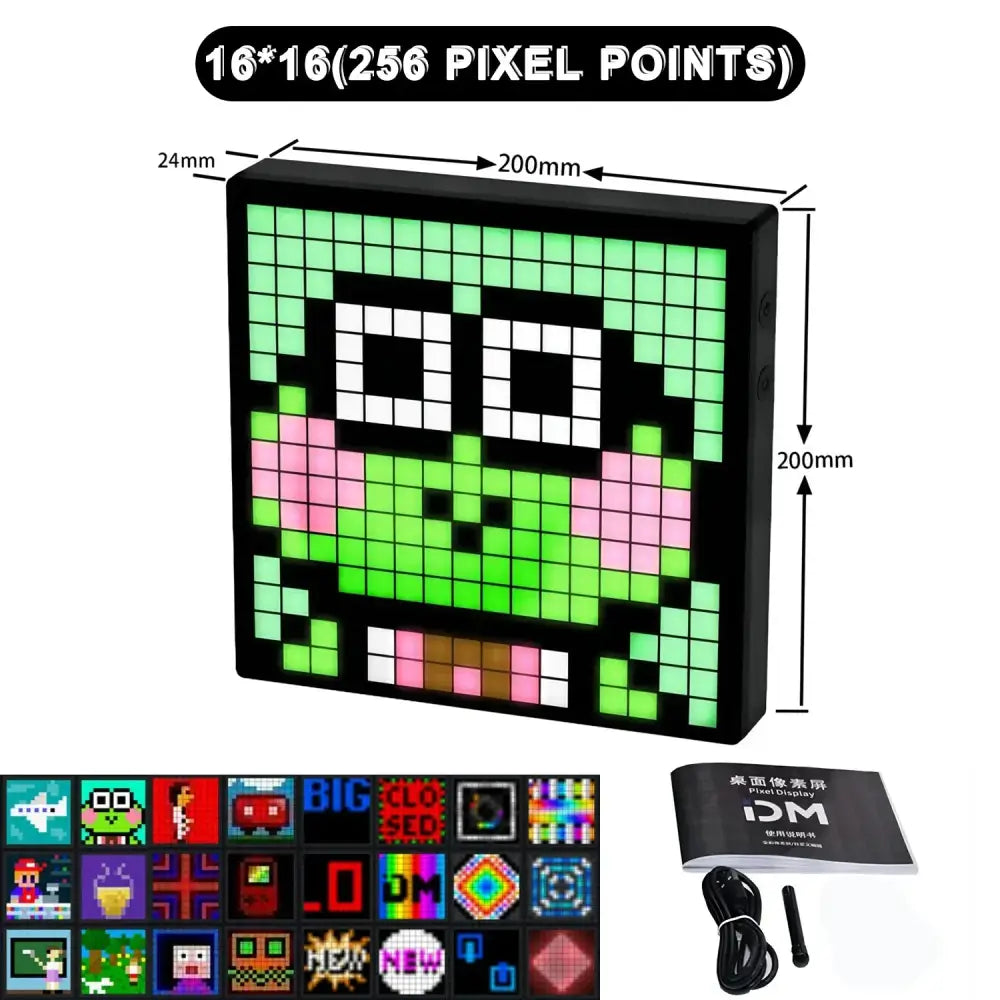 Black-framed decorbites led pixel display showing a green frog face with colorful digital patterns on led pixel display