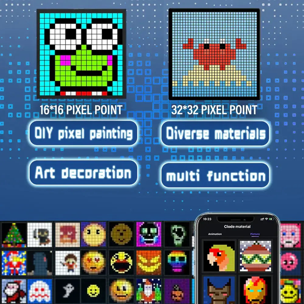 Decorbites led pixel display featuring green frog and red crab pixel art kits on 16x16 and 32x32 grids for diy painting
