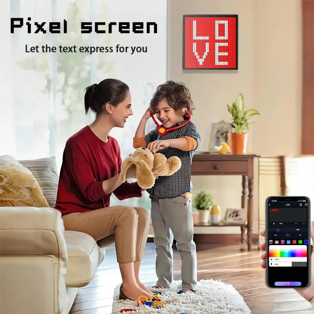 Decorbites led pixel display showing the word love in bright red led lights for gaming room decor and animation frame