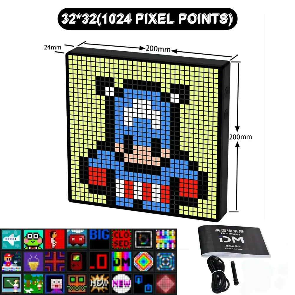 Black-framed decorbites led pixel 32x32 pixel led display showing blue and red captain america on yellow background