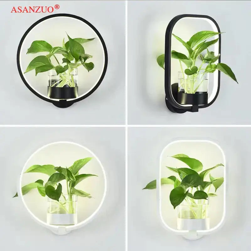 Decorbites™ modern black and white led plant wall lamps with integrated planters holding green leafy plants for home decor