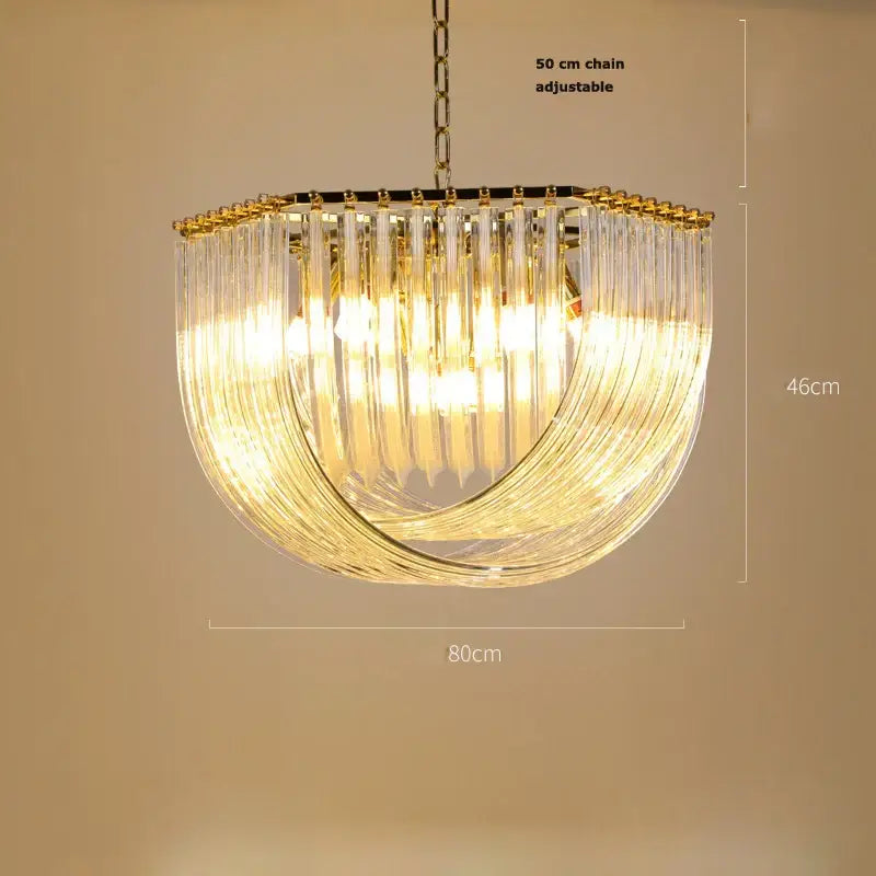 A decorbites led postmodern semi-circular chandelier with clear glass prisms and a gold silver metal frame for foyers
