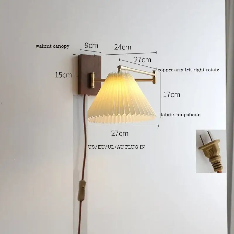 DecorBites LED pull chain wall lamp with warm pleated fabric shade copper arm and walnut canopy for bedroom living room