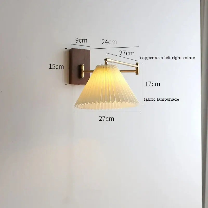 Decorbites led pull chain wall lamp with warm-toned pleated fabric shade and copper arm for bedroom and living room
