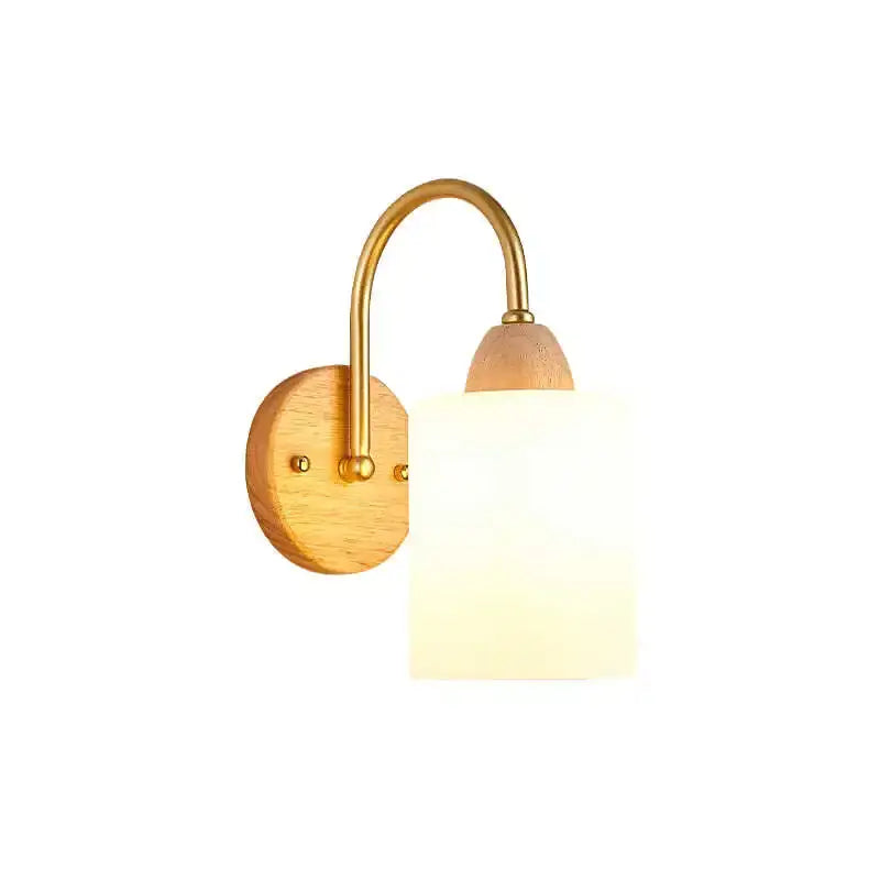 Minimalist decorbites led pull chain wall light with brass arm, wooden base, and frosted white glass shade for bedroom decor