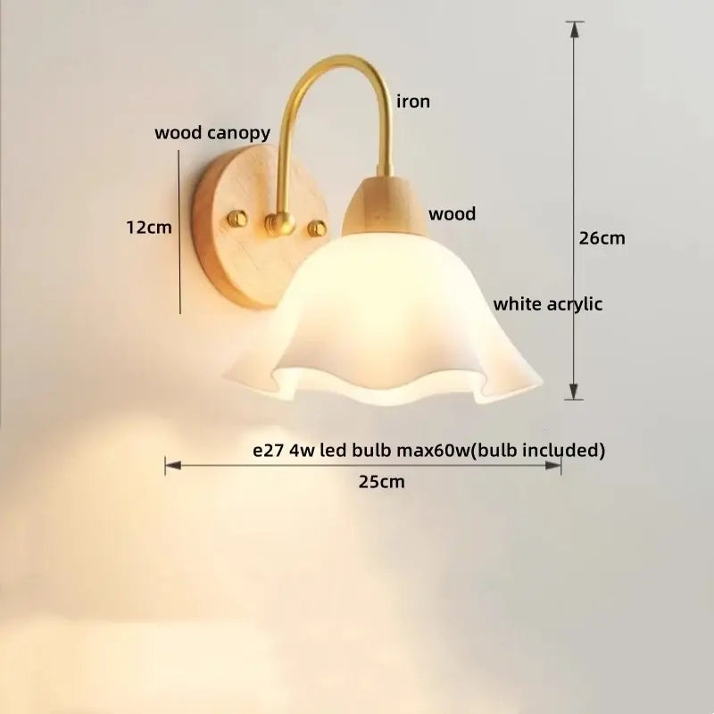 Decorbites led pull chain wall lights with brass iron arm wooden base and soft white ruffled acrylic shade for bedroom decor
