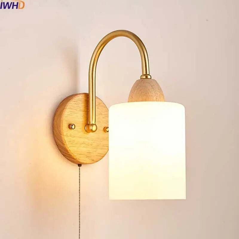 Decorbites led pull chain wall lights with brass arm wooden base and frosted glass shade for bedroom decor