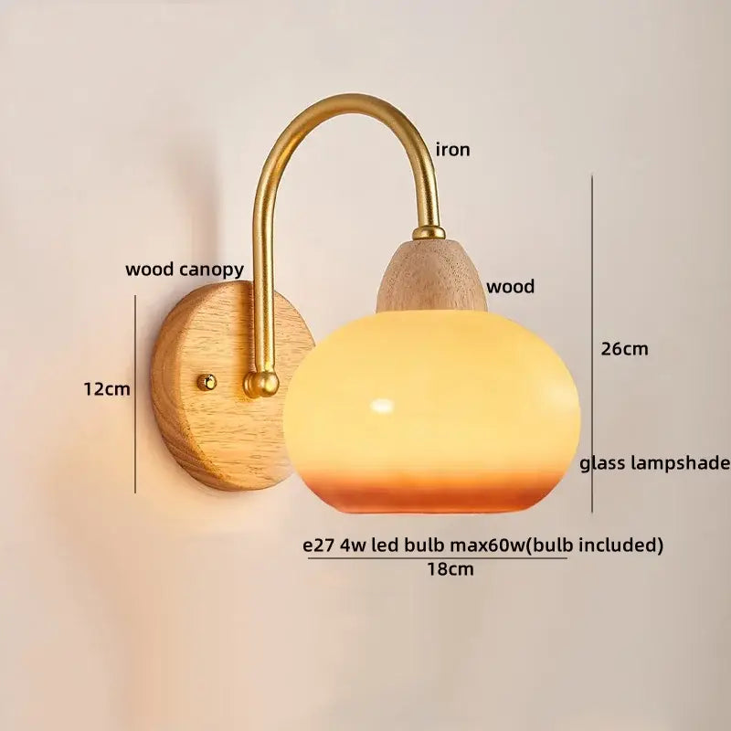 Warm-toned glass lampshade decorbites led pull chain wall lights with brass iron arm and wooden canopy for bedroom decor
