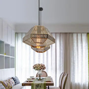 DecorBites led pyramid pendant lamp with gold-toned mesh metal frame and layered hexagonal design for modern lighting