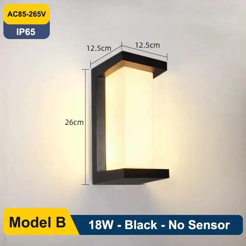 Black rectangular wall lamp decorbites led radar induction with frosted glass and 18w led bulb for outdoor spaces