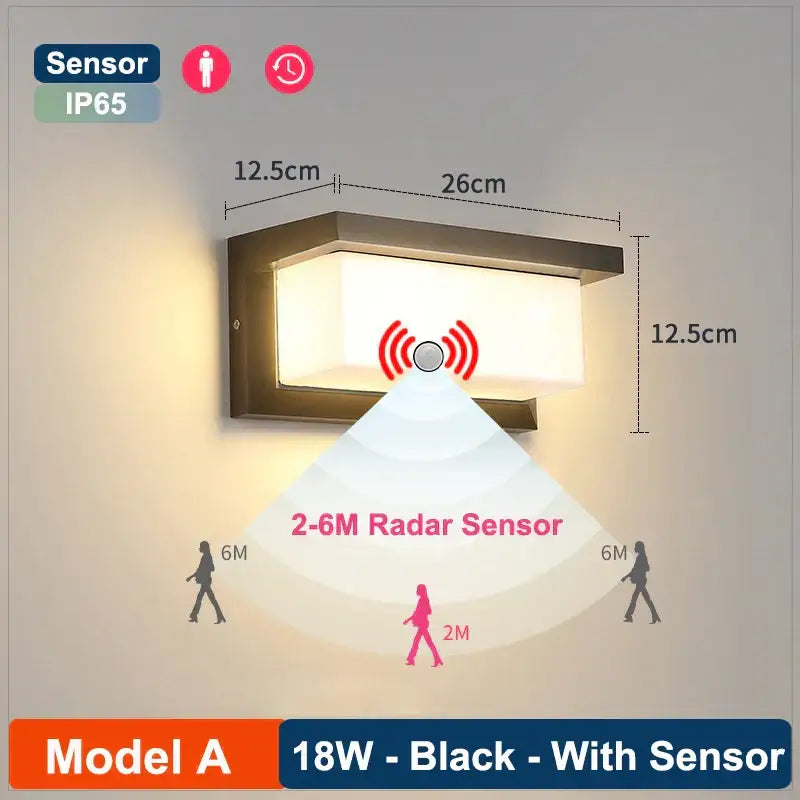 Black rectangular decorbites led radar wall lamp with metallic frame and frosted glass panel for modern balconies