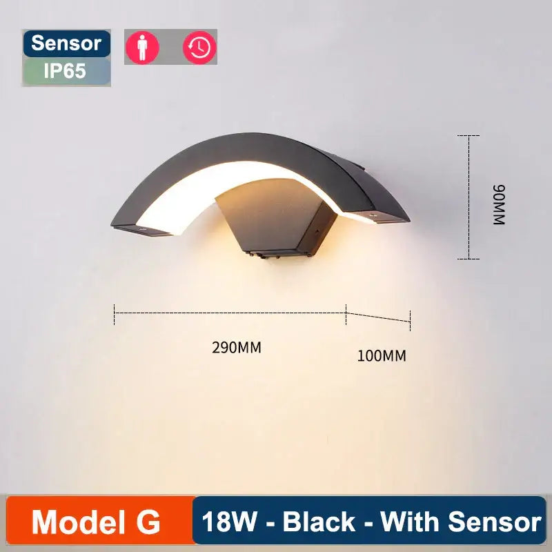 Black curved wall lamp decorbites led radar induction with sensor 18w power for hotel garden and balcony lighting