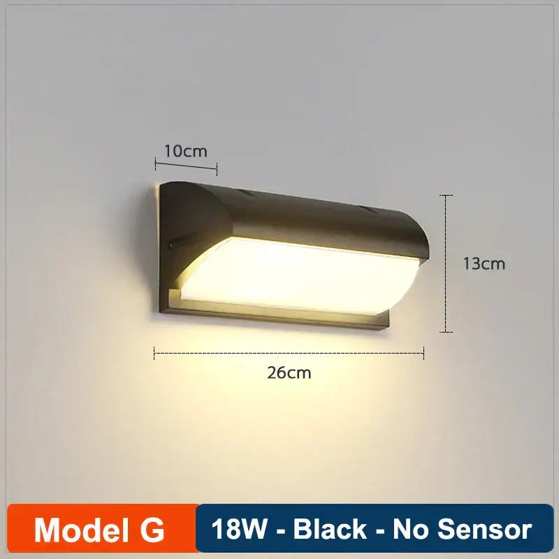 Black sleek rectangular decorbites led radar induction wall lamp with curved top and warm white light for modern outdoor use